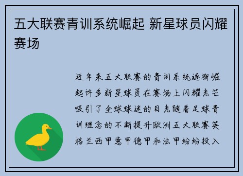 五大联赛青训系统崛起 新星球员闪耀赛场