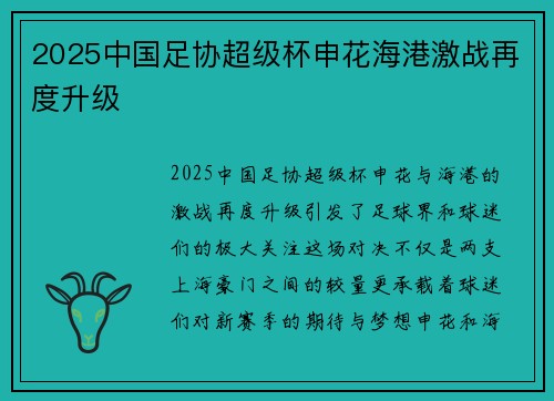 2025中国足协超级杯申花海港激战再度升级