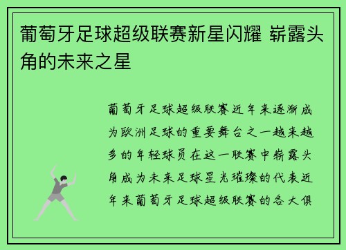 葡萄牙足球超级联赛新星闪耀 崭露头角的未来之星