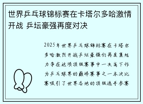 世界乒乓球锦标赛在卡塔尔多哈激情开战 乒坛豪强再度对决